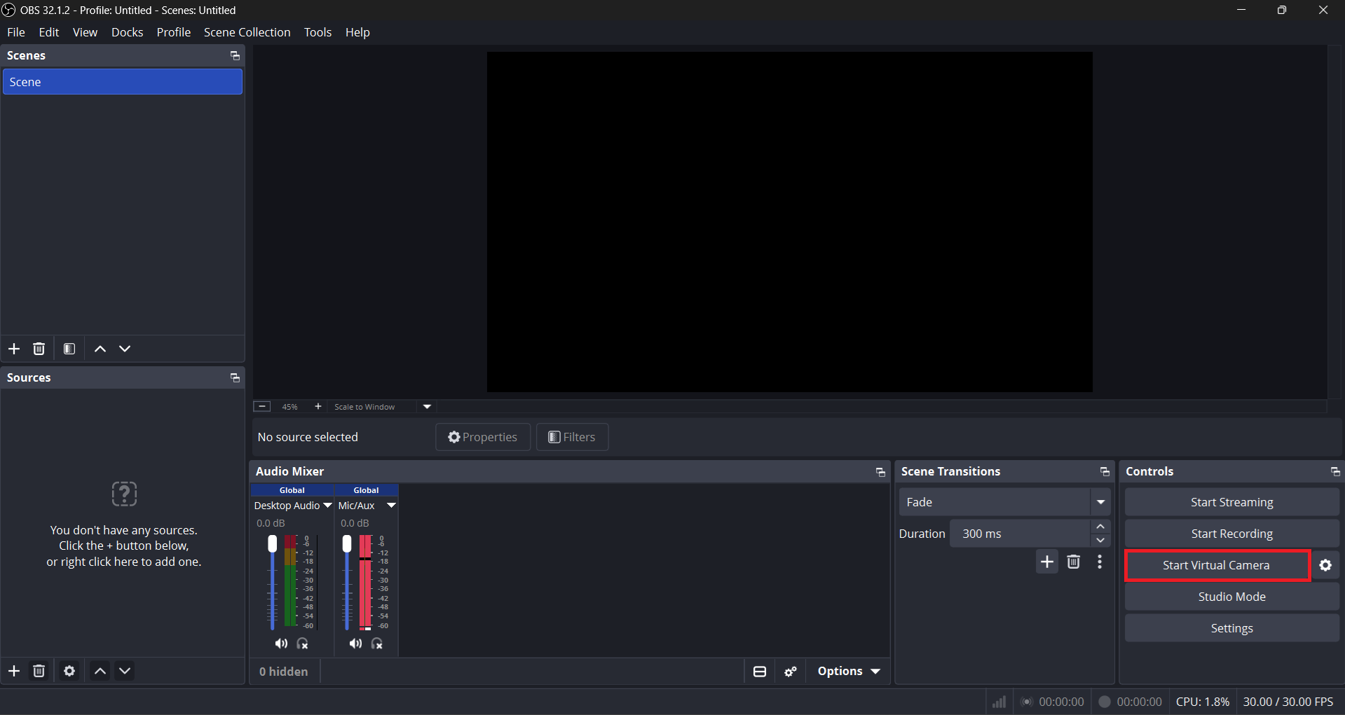 OBS Studio Controls dock showing the Start Virtual Camera button.