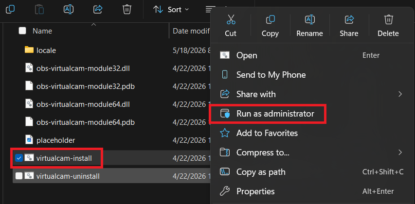 File Explorer opening the OBS win-dshow folder and running virtualcam-install.bat as administrator.