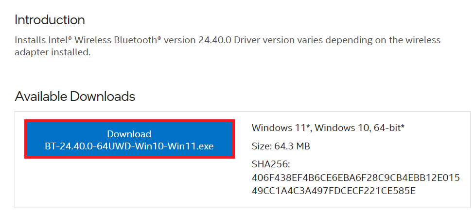 A PC manufacturer support page downloading the correct Bluetooth driver package for Windows 11.