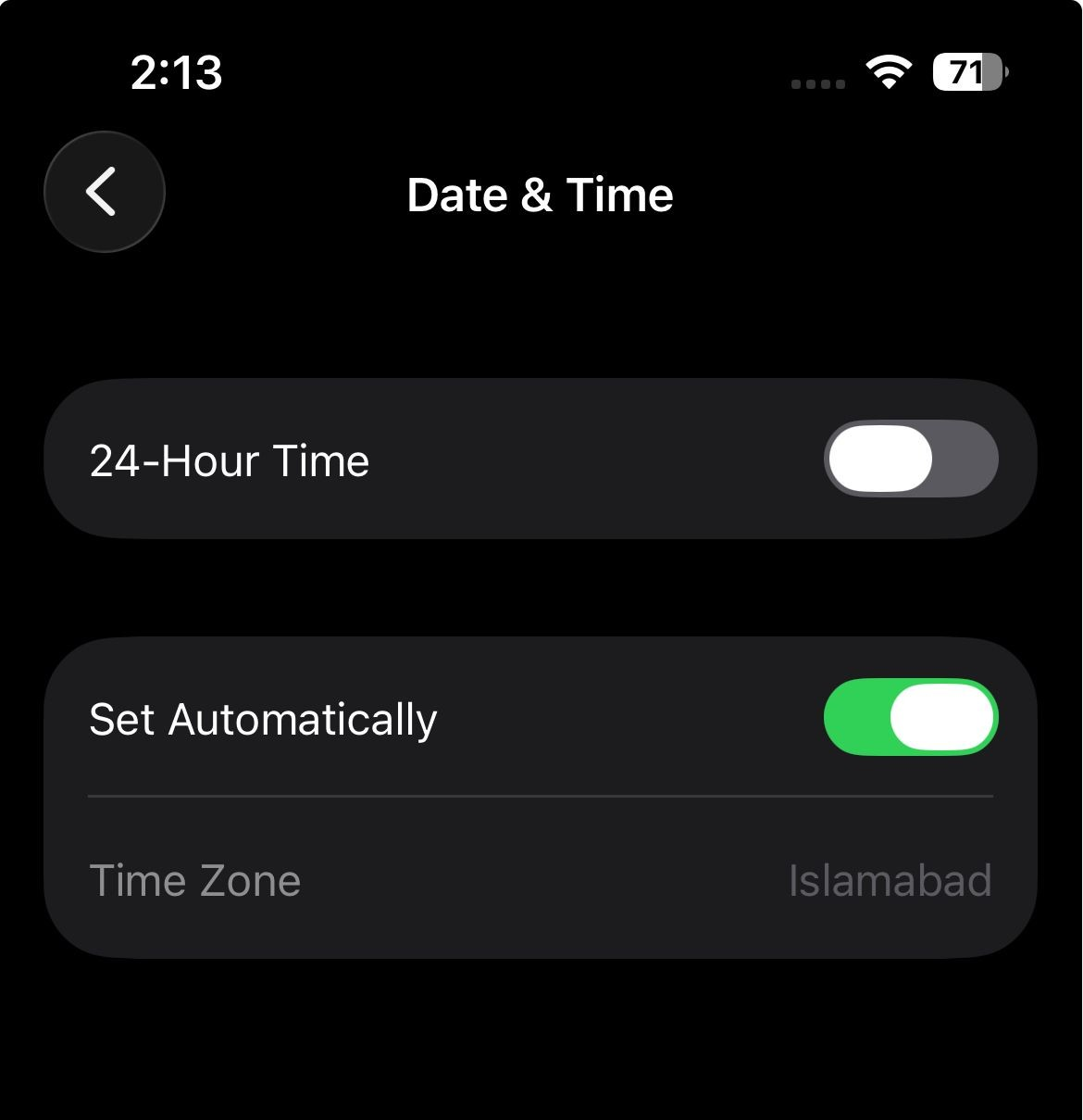 Phone settings showing automatic date, time, and time zone turned on for authenticator accuracy.