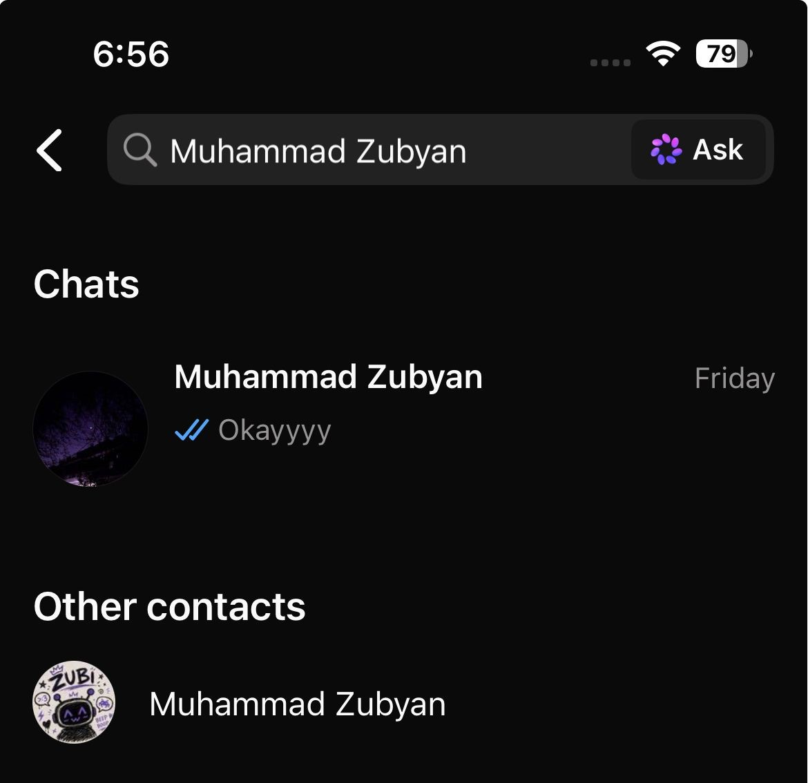 WhatsApp reopened after saving a contact and searching the number again to confirm the name now appears.