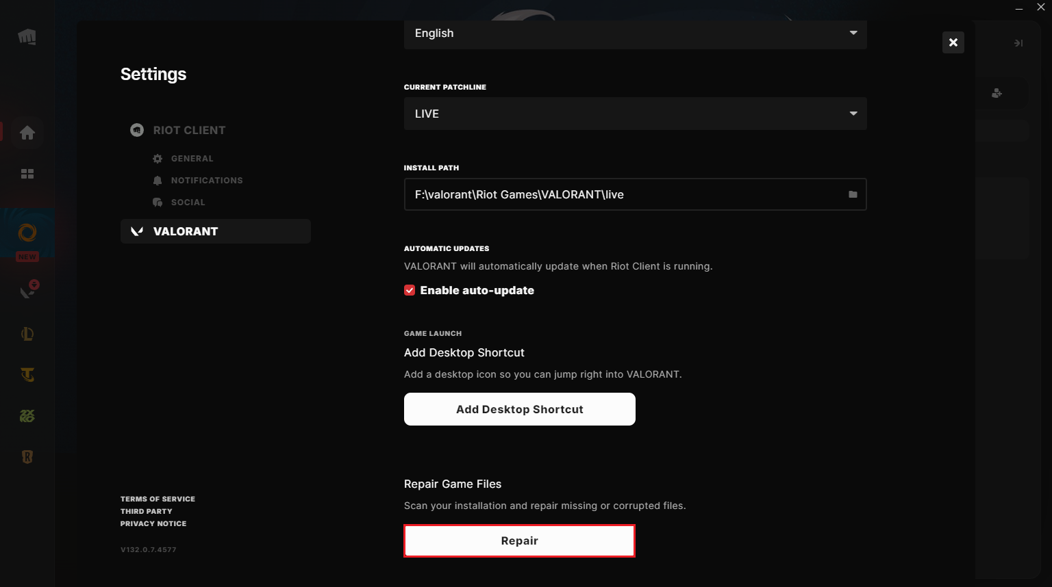 Riot Client settings showing the built in Repair option for a Riot game.