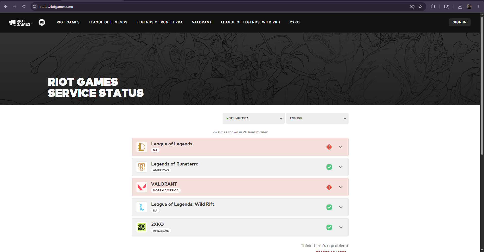 Riot Games Service Status page showing regional maintenance or outage information before deeper troubleshooting.