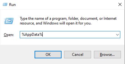 Windows Run dialog opening the AppData roaming folder that contains Telegram Desktop local data.