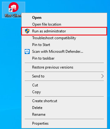 Windows right click menu launching Riot Client as administrator for a one time update test.