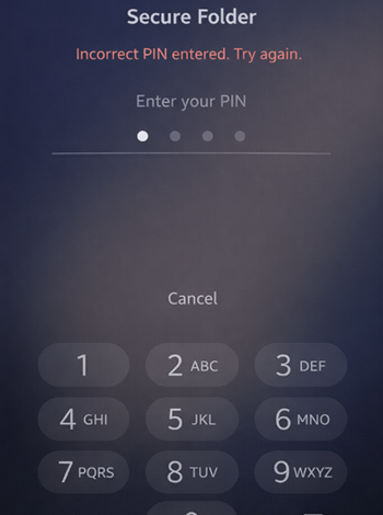 Samsung Secure Folder lock screen showing wrong password or no forgot PIN option.