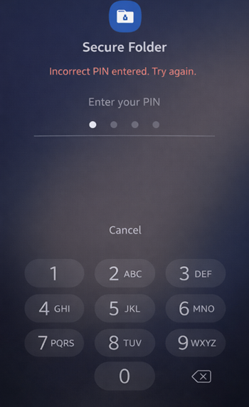 Samsung Secure Folder lock screen showing wrong password or no forgot PIN option.