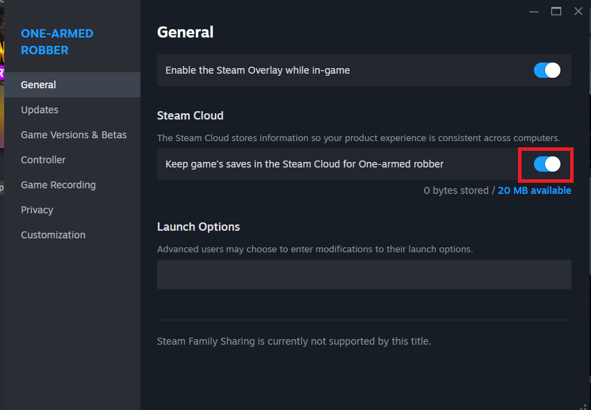 Steam game Properties on Windows showing the per-game Cloud Synchronization option.