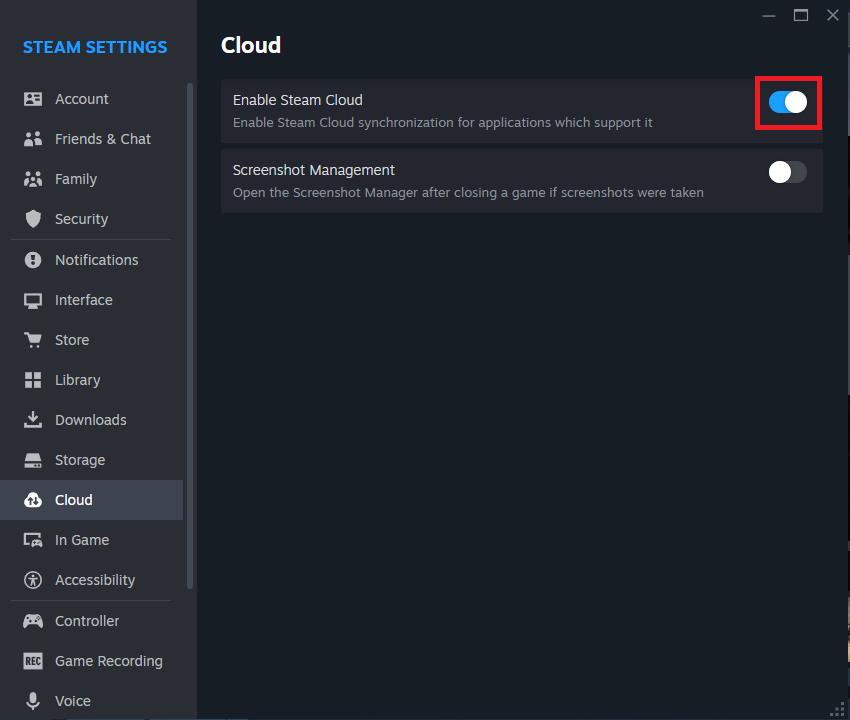 Steam Settings on Windows showing the global Steam Cloud Sync toggle.