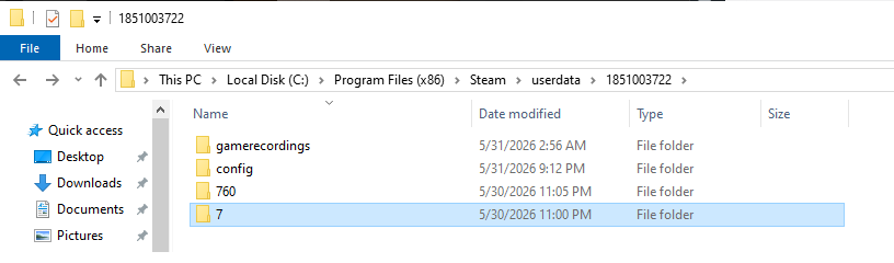Windows File Explorer open to Steam userdata with a game's appID folder used for Steam Cloud files.