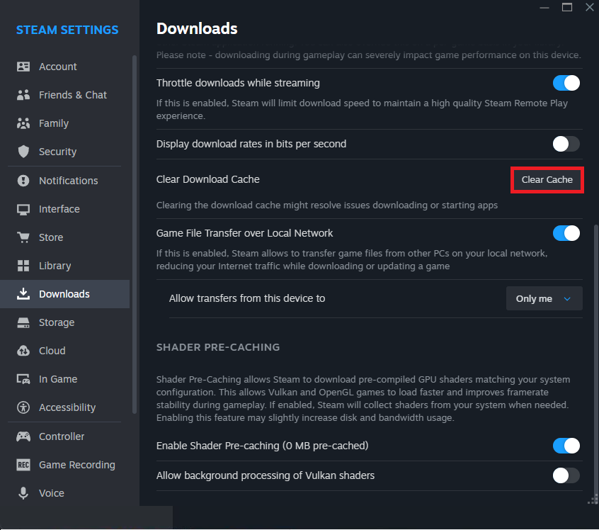 Steam Downloads settings showing Clear Download Cache while Subnautica 2 fails to load.