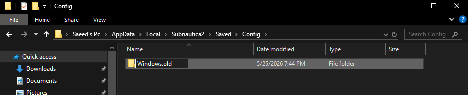 Local AppData path for Subnautica 2 config files being renamed to reset launch settings.