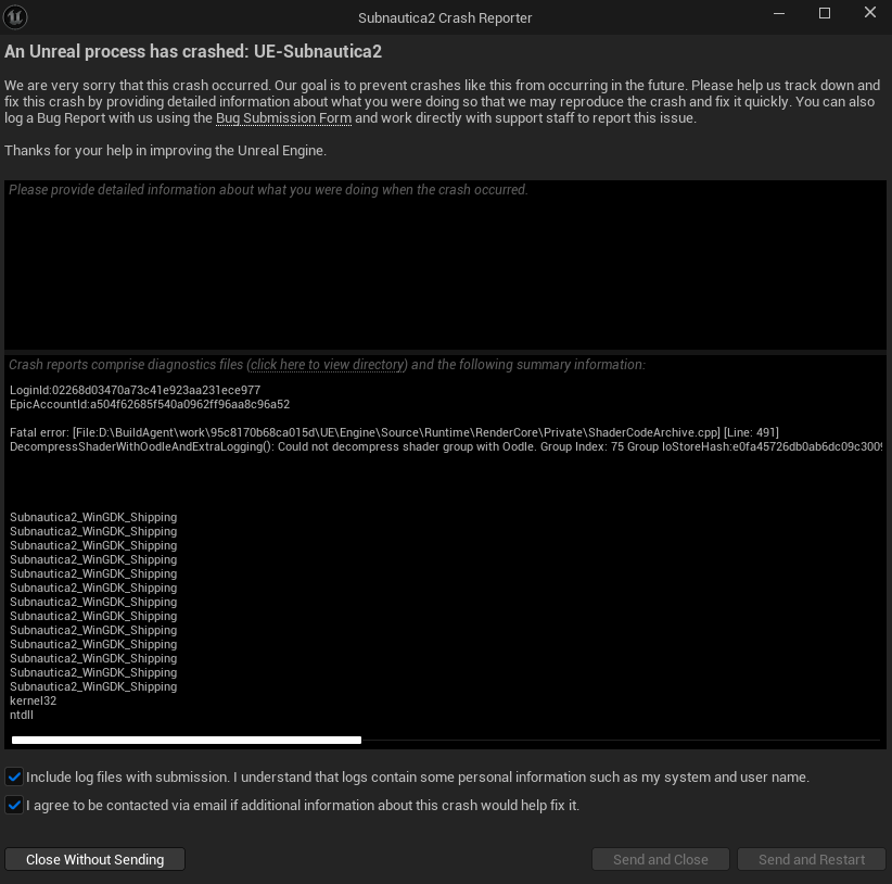 Subnautica 2 on PC crashing to desktop, freezing on a loading screen, or showing a black screen before the menu.