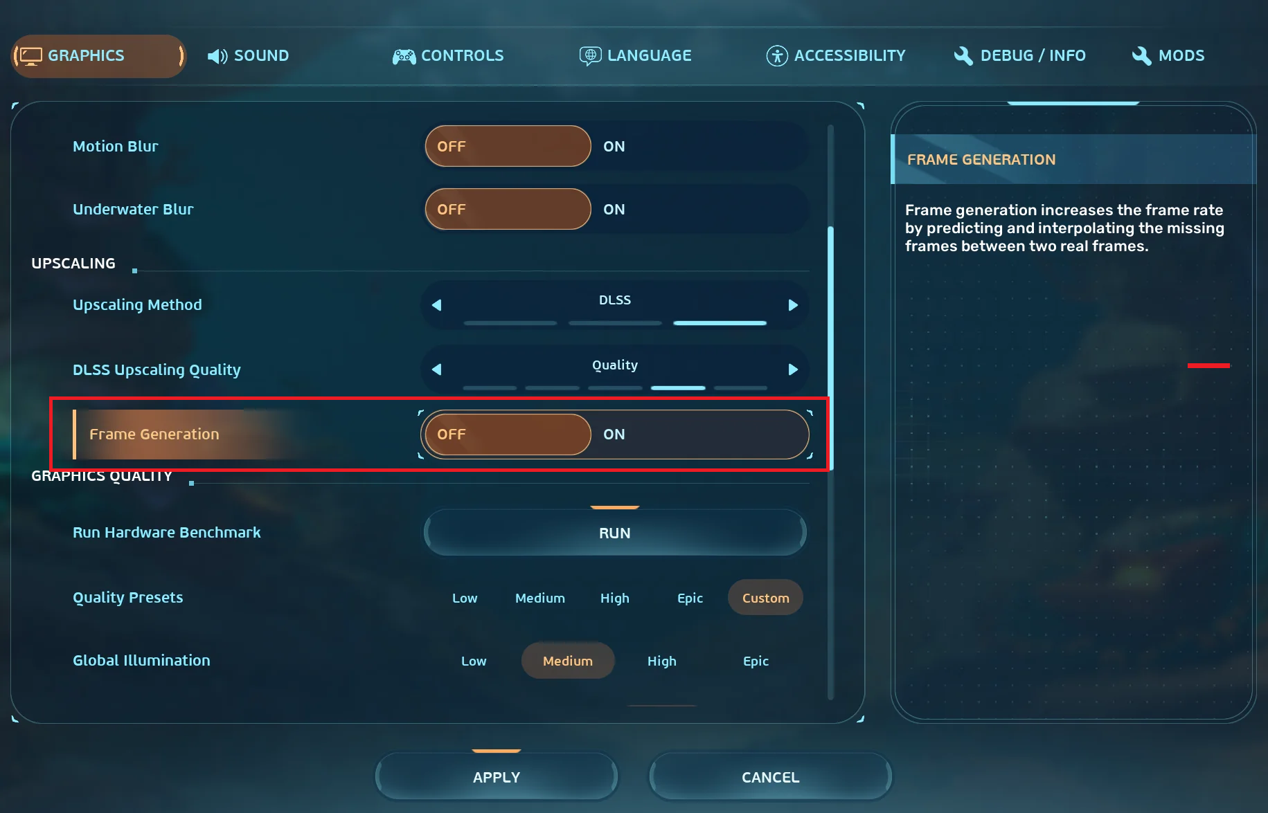 Subnautica 2 graphics settings showing DLSS or frame generation being disabled.