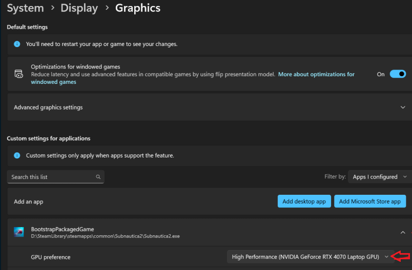 Windows Graphics settings assigning Subnautica2.exe to the High performance GPU.