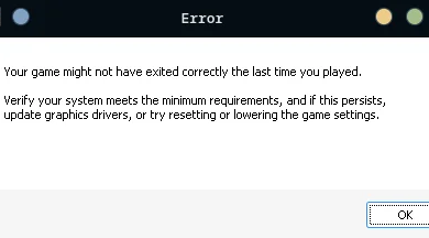 Subnautica 2 startup popup saying your game might not have exited correctly before the main menu loads.