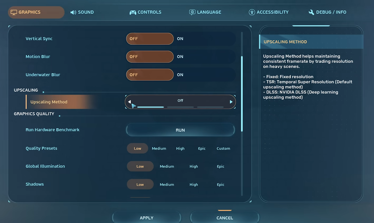 Subnautica 2 graphics settings menu being lowered after the game reaches the menu but freezes during gameplay.