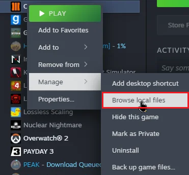 Steam Library context menu opening Browse local files for Subnautica 2.