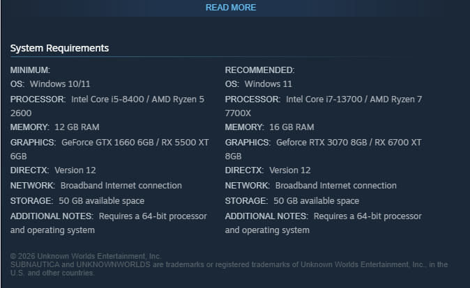 Subnautica 2 Steam page showing current minimum system requirements.