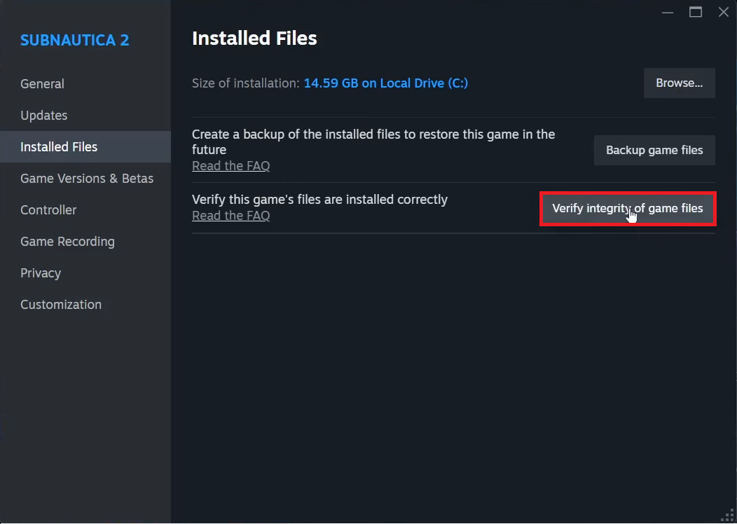Steam Installed Files tab running Verify integrity of game files for Subnautica 2.