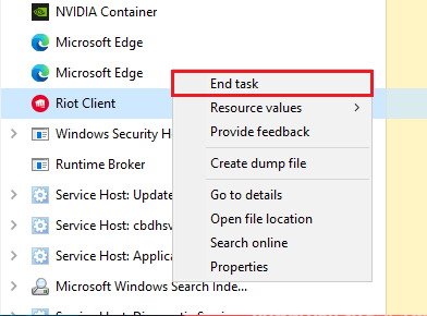 Windows Task Manager ending Riot Client, RiotClientServices, LeagueClient, and Vanguard related processes.