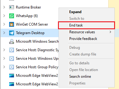 Windows Task Manager ending Telegram and Updater processes before relaunching the desktop app.