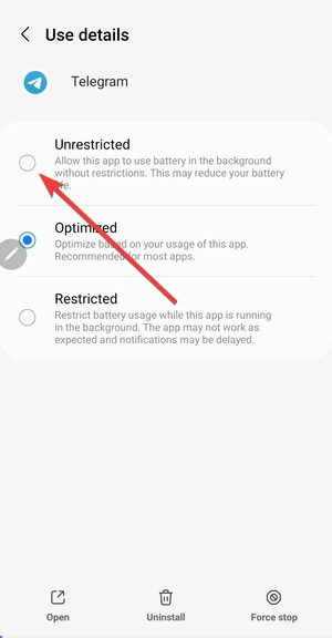 Android battery settings or OEM security app allowing Telegram to run without aggressive battery restrictions.