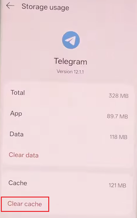 Telegram Storage Usage settings showing the Clear Cache option.