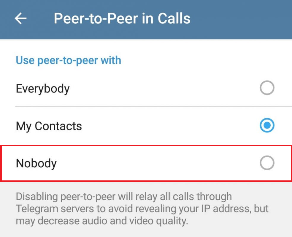Telegram Privacy and Security settings showing the Peer-to-Peer Calls option.