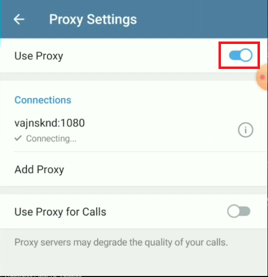 Telegram Data and Storage settings showing Proxy and Use Proxy for Calls options.