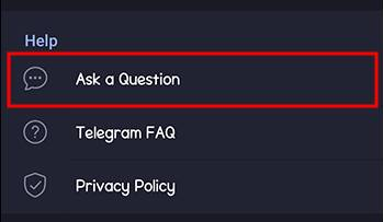 Telegram settings showing the Ask a Question or support path.