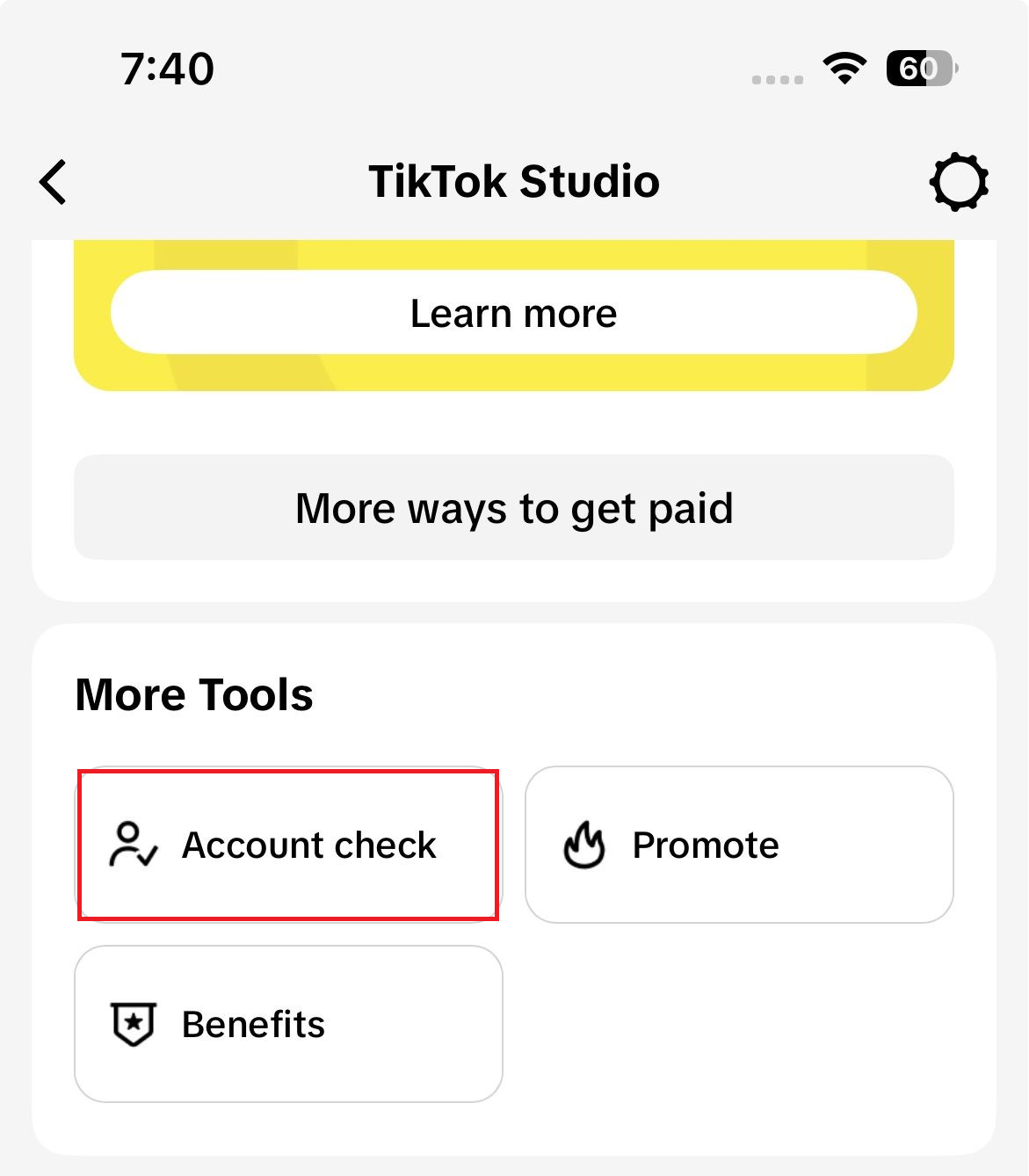 TikTok Studio Account check screen reviewing account standing and warnings before reporting a missing LIVE option.