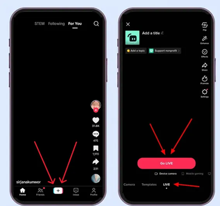 TikTok create screen missing the LIVE tab or showing a different creator path instead of Go LIVE.