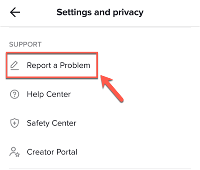 TikTok Report a problem screen being used for missing draft content.