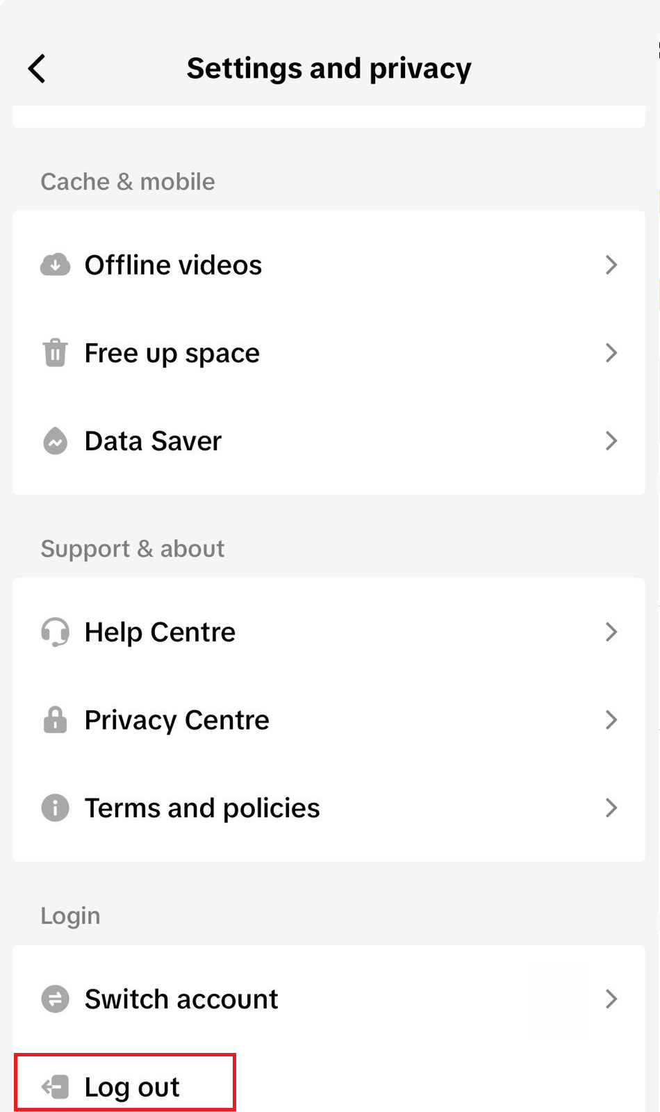 TikTok settings screen showing the Log out button before signing back in.