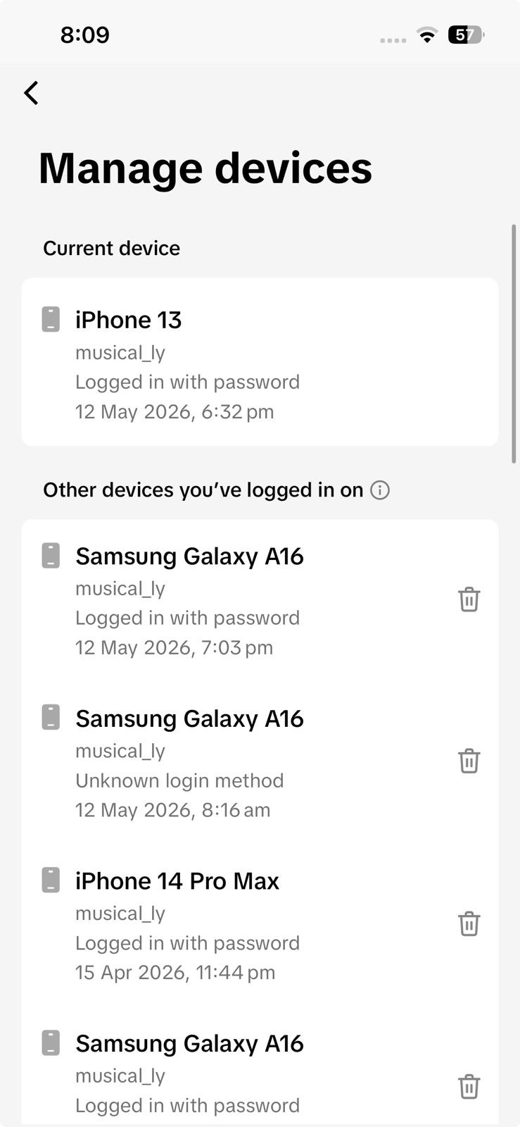 TikTok Security and permissions page showing the Manage devices option.