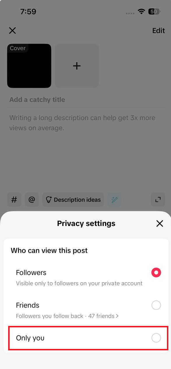 TikTok draft screen using a save or download option to export the video to the phone.
