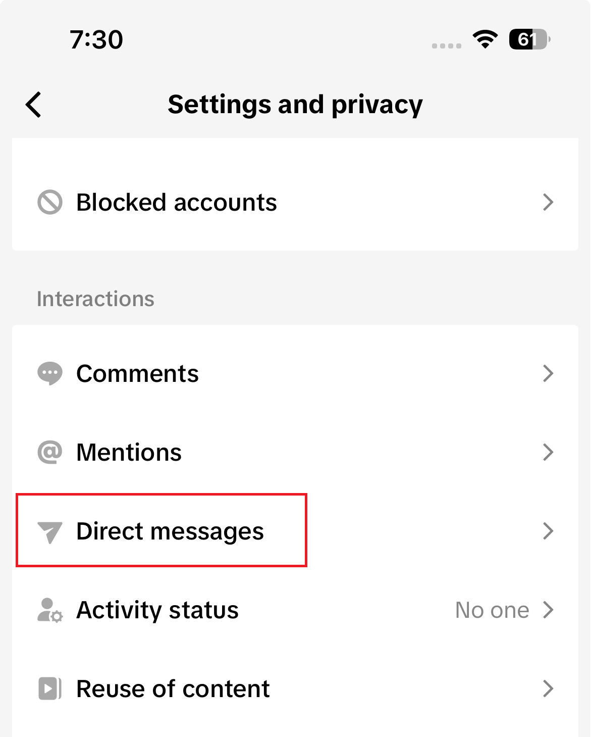 TikTok Settings and privacy screen opening the Direct messages settings page.