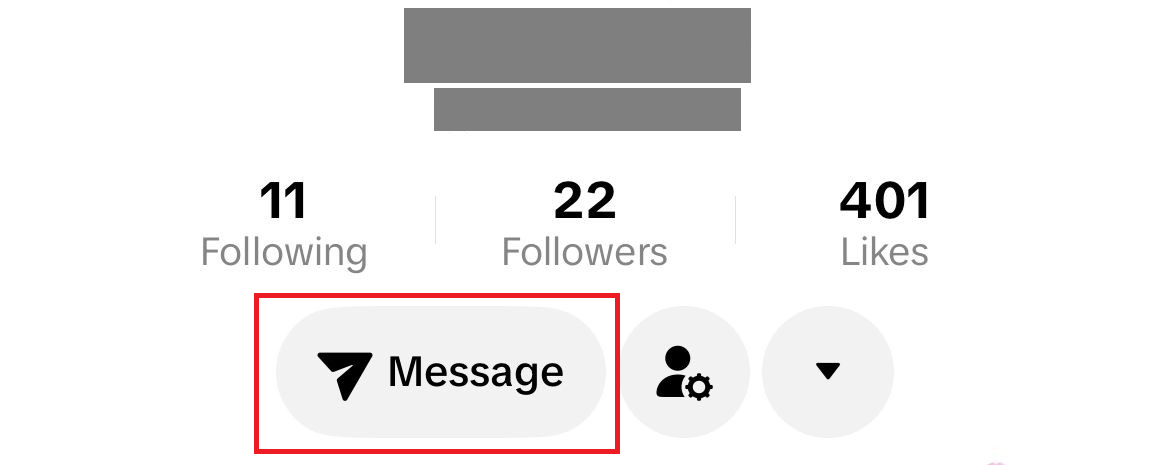 TikTok profile page showing whether the Message button appears for a specific account.