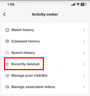 TikTok Activity center opening Recently deleted to restore a deleted private post.