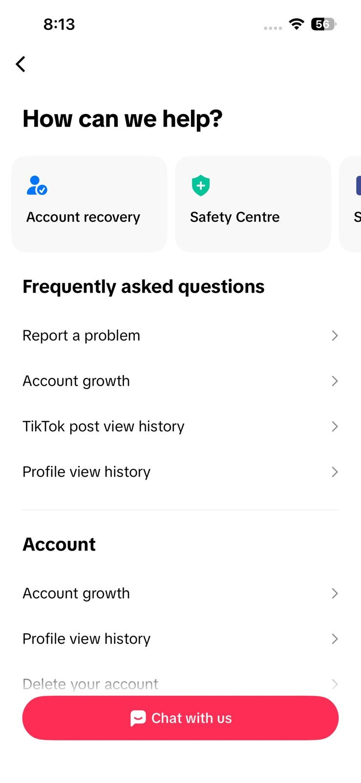 TikTok Report a problem flow opened to a messaging topic or Chat with us support option.