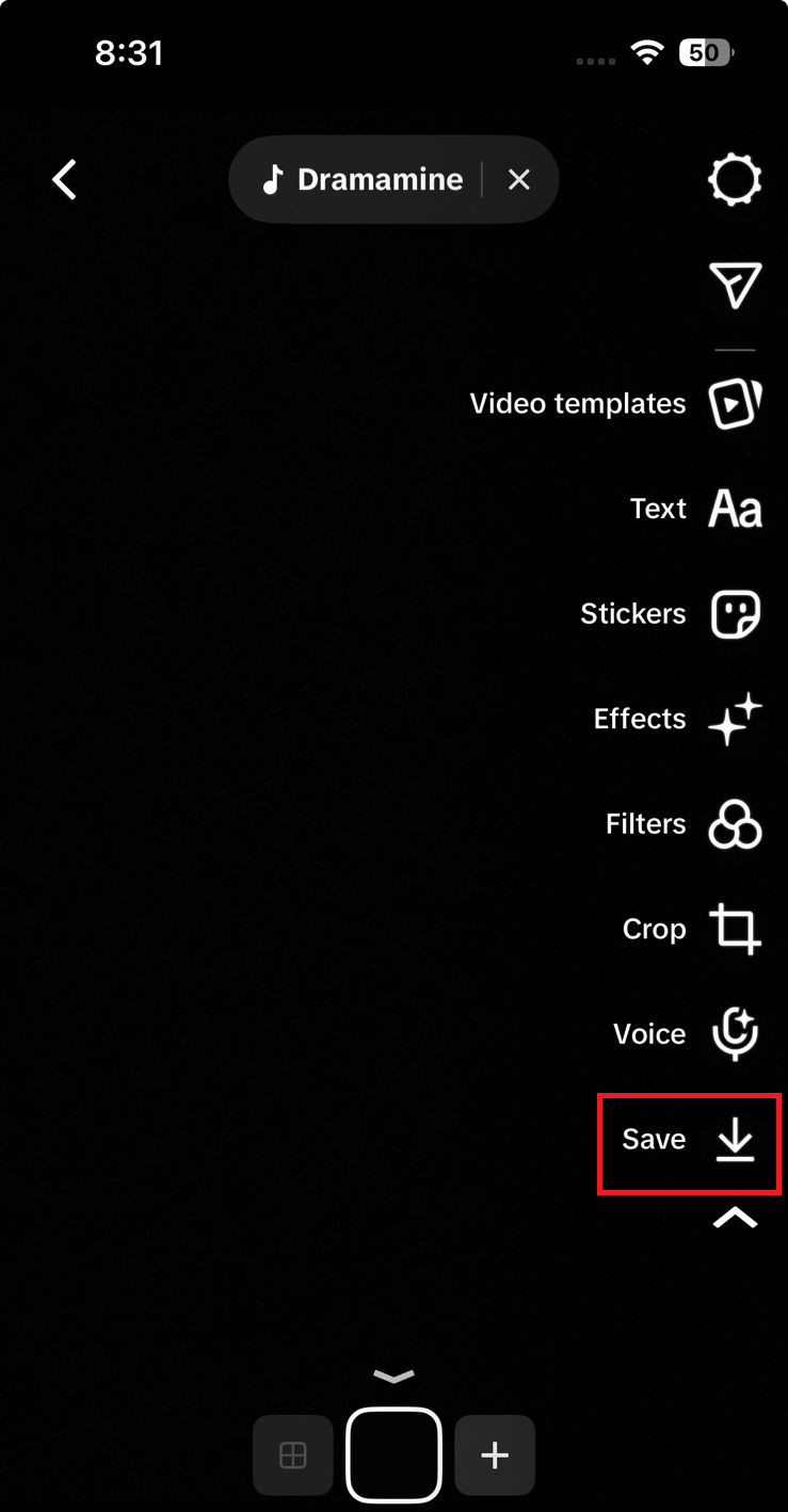 TikTok draft screen using a save or download option to export the video to the phone.