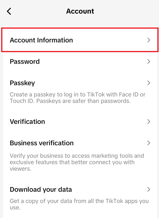 TikTok Account and User Information page showing linked phone number and email fields.