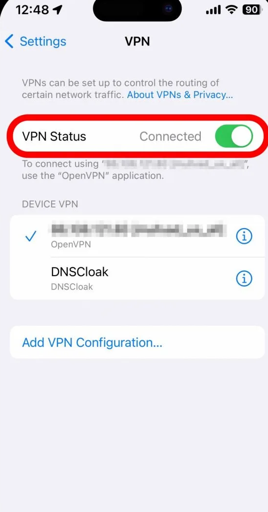 iPhone VPN settings and restart process being checked while Apple Intelligence and Siri settings fail to appear correctly.