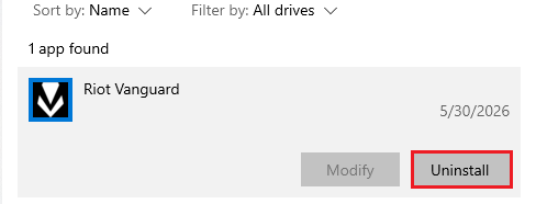 Windows Installed apps uninstalling Riot Vanguard to break a stuck Riot or Valorant update loop.