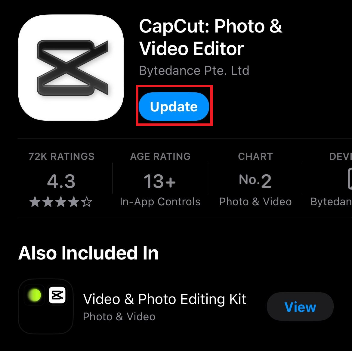 App Store or Google Play Store showing a CapCut update while the Templates tab is missing.
