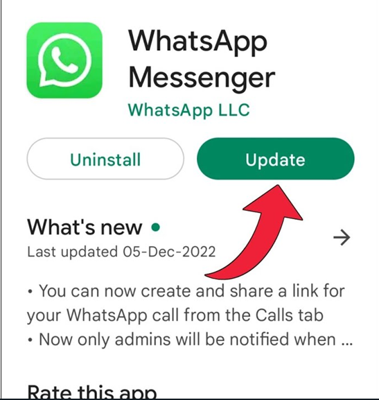 WhatsApp update screen in the App Store or Play Store.