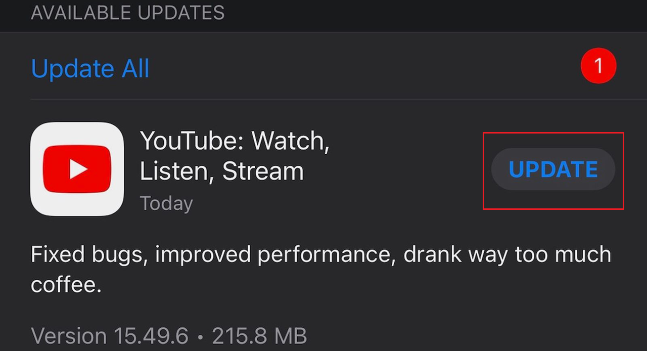 Play Store or App Store page showing the YouTube app update button.