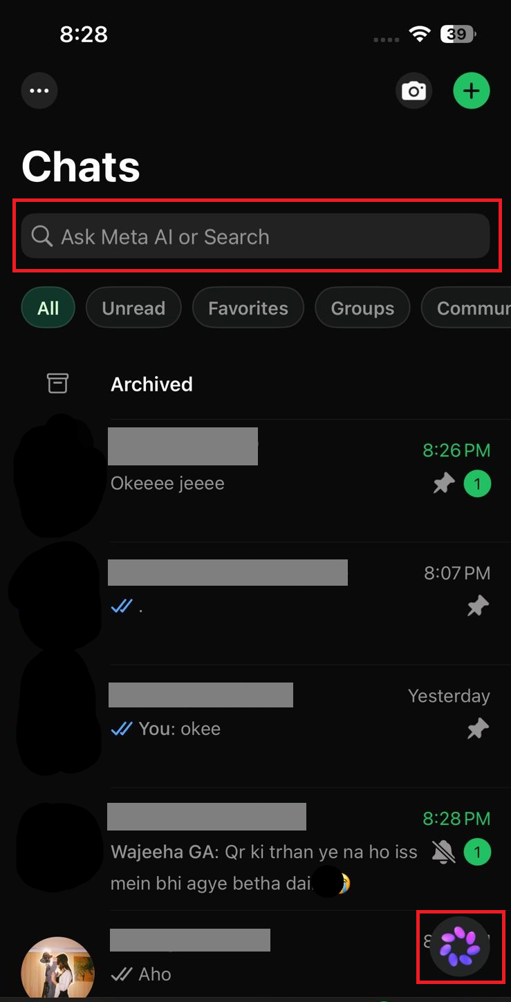 WhatsApp Chats tab showing the Ask Meta AI or Search field and the blue-purple Meta AI circle.