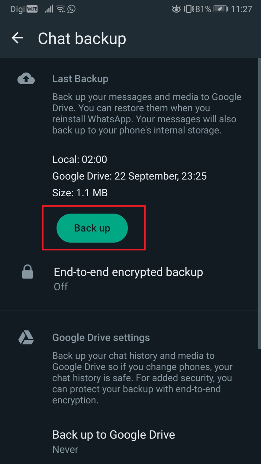 WhatsApp chat backup screen before reinstalling the app.